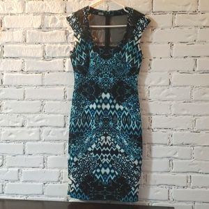 Sexy teal & black bodycon mini dress with sheer detail